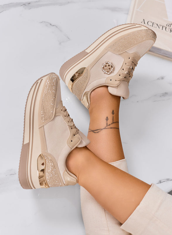 XIOMARA - Beige platform sneakers with gold inserts and rhinestones