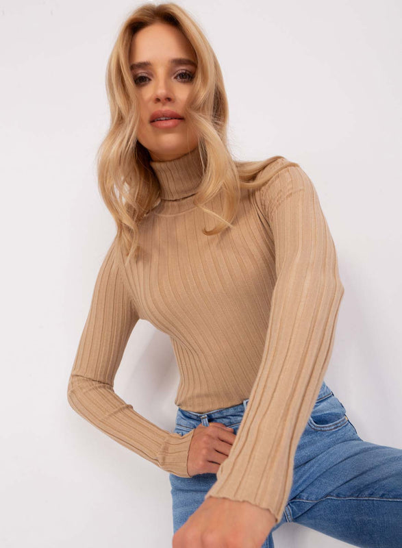 Pull côtelé couleur boue à col montant