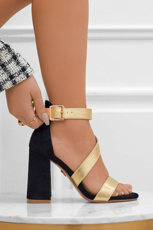 ADELE - Black Alexoo sandals with contrasting gold bands