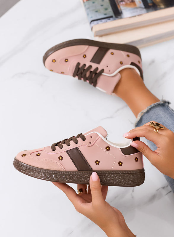 WESTON - Pink sneakers with embroidered daisies and brown sole