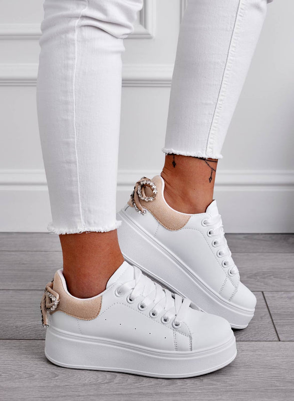 MILE - White sneakers with thick sole and rhinestone bow and beige back