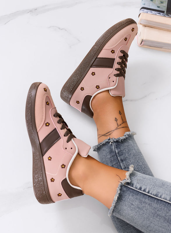 WESTON - Pink sneakers with embroidered daisies and brown sole