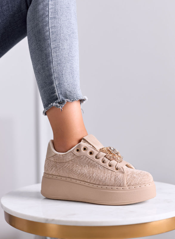 NINFA - Beige platform sneakers in laminated fabric with jewel embellishment