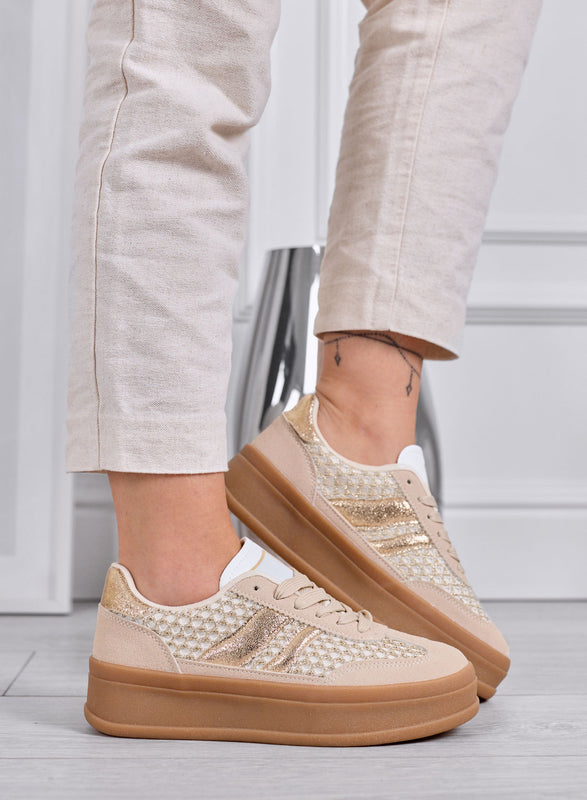 MARISOL - Sneakers beige con inserti oro e suola in gomma