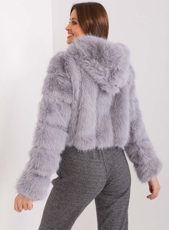 Short faux fur jacket with long-haired gray hood