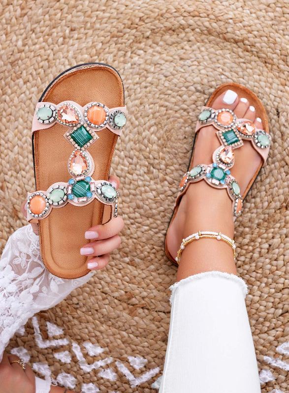 GIOIA - Pink flat slipper sandals with multicolor stones