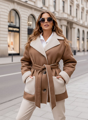 Oversized mud-colored shearling jacket with contrasting pockets