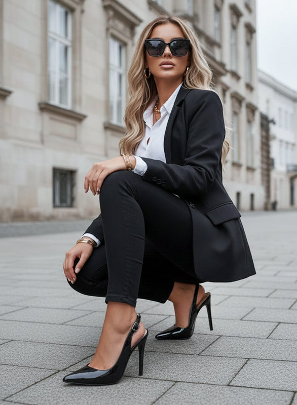 SHADOW - Black patent leather pumps with slingback strap and 12 cm heel