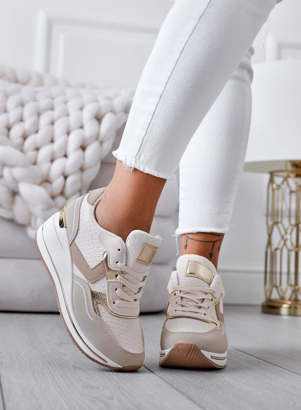 FIONA - Beige sneakers with contrasting panels and wedge heel