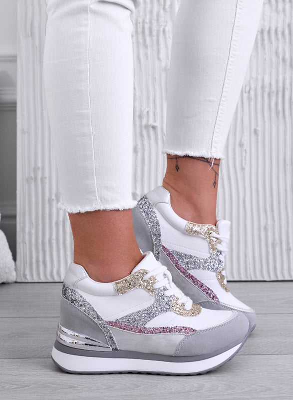 GENNY - Gray sneakers with gold and fuchsia glitter inserts