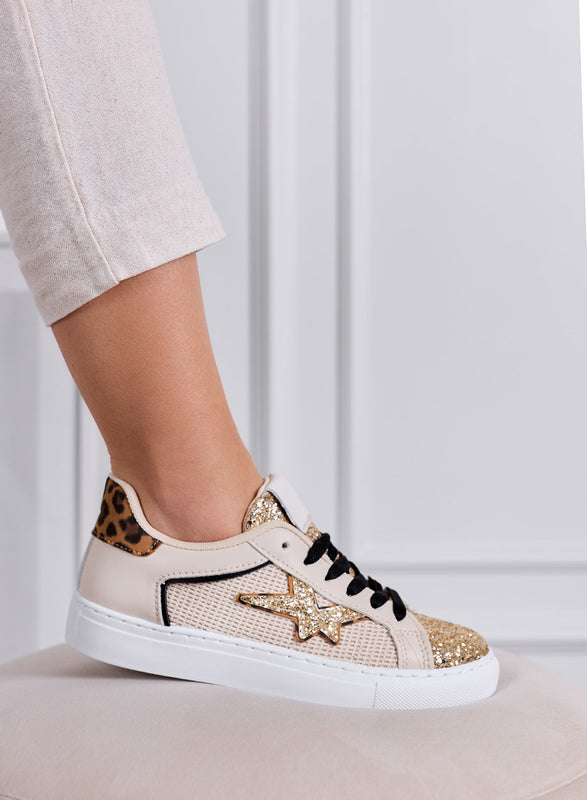 ANNALISA - Zapatillas bajas beige con purpurina dorada y parte trasera animal print
