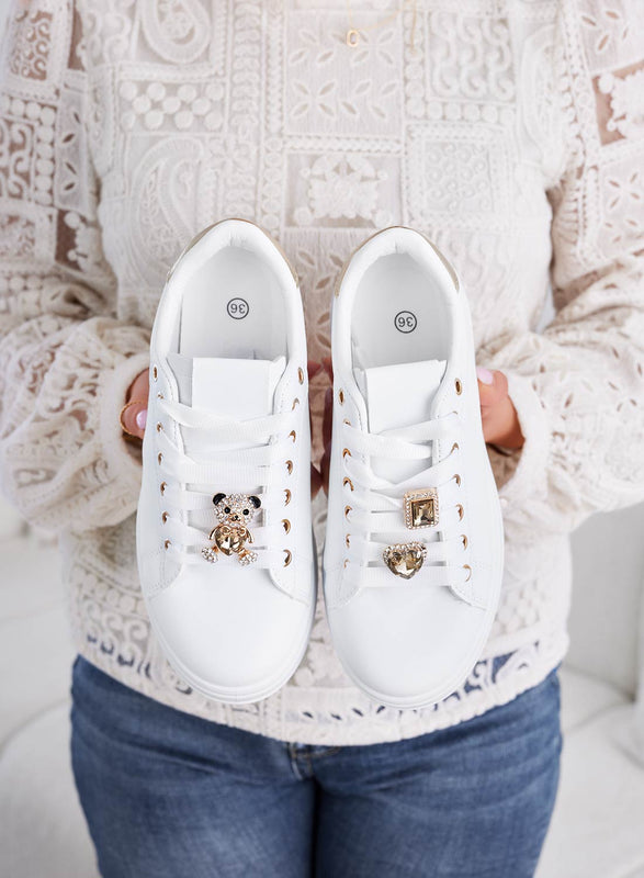 White sneakers with jewel applications and gold teddy