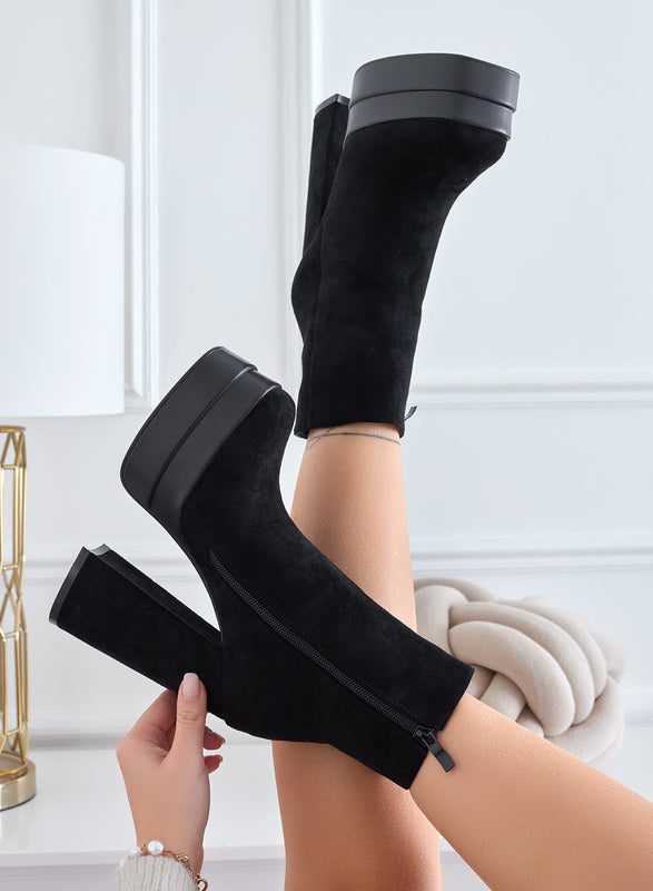 JULY - Black suede ankle boots with high heel and platform