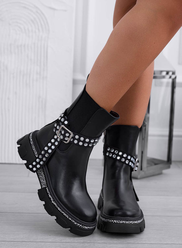 DANILA - Black biker ankle boots with buckle and silver rhinestones