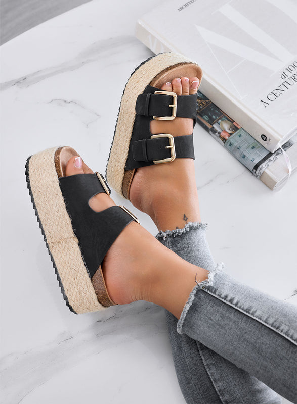 DANIEL – Black platform slide sandals with double buckle and rope sole