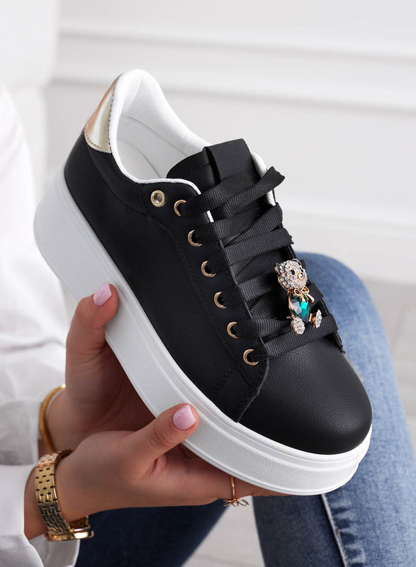 RORY - Black sneakers with gold back and green jewel bear