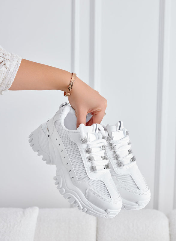 LIBBY - White fabric sneakers with silver and rhinestone inserts