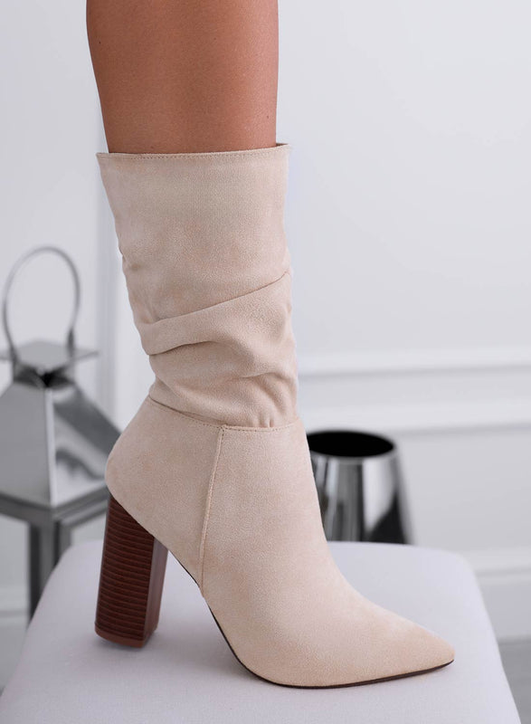 NALA - Beige suede ankle boots with faux wood heel