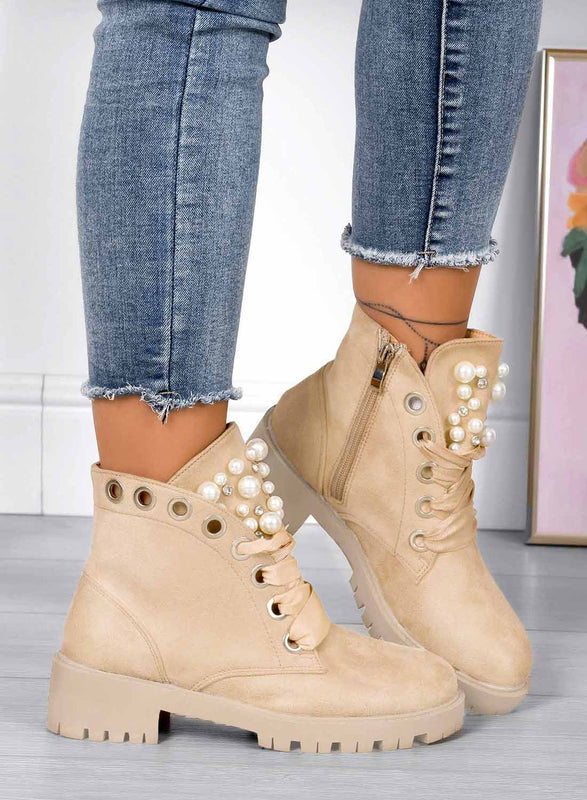 LEANNA - Beige suede ankle boots with pearls and rhinestones