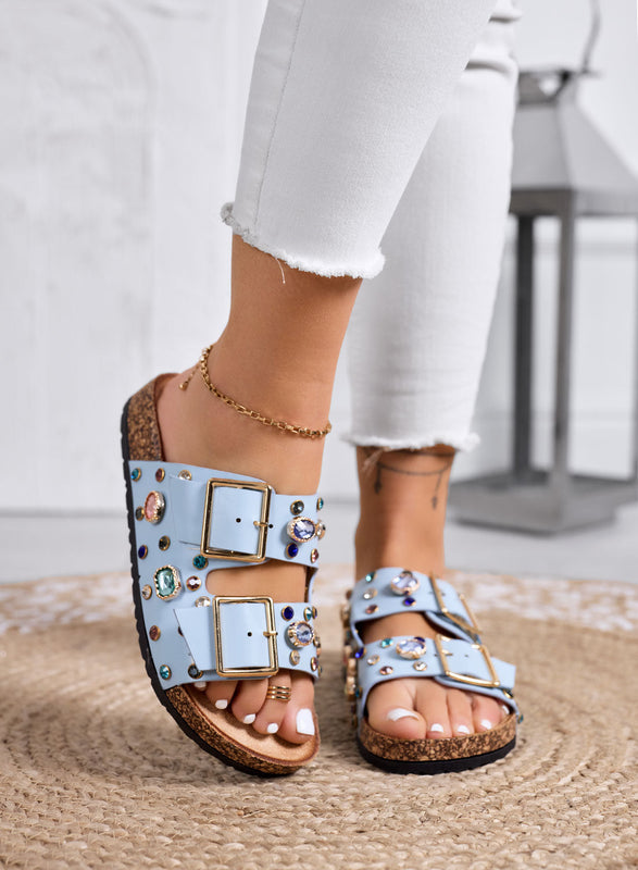 HELENA – Blue Slide Sandals with Colorful Stones and Oversized Gold Buckles