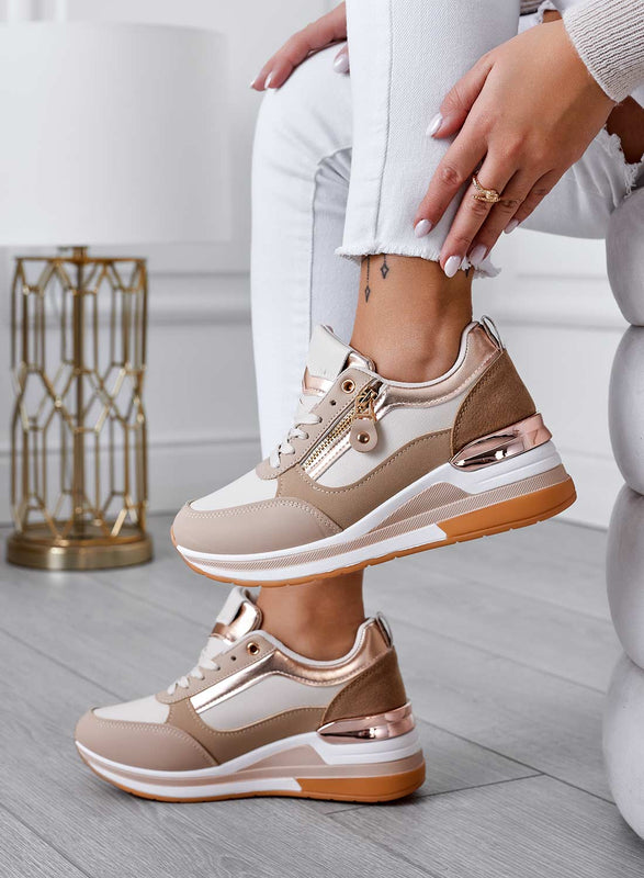 VALENTINA - Beige sneakers with rose gold inserts