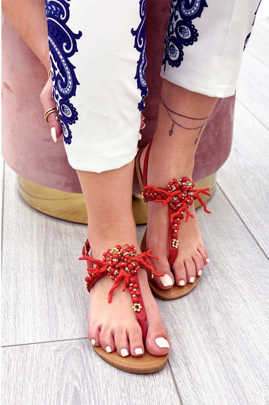 MONIA - Red thong sandals with faux coral