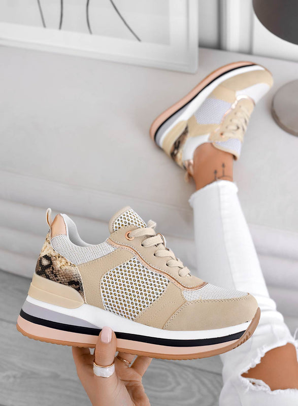 BALDWIN - Beige platform sneakers with python inserts