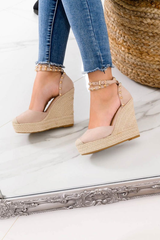 TOSCA - Nude espadrilles with high wedge and golden studs