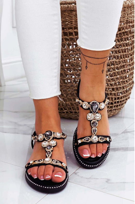 KRISTEN - Black flat sandals with rhinestones
