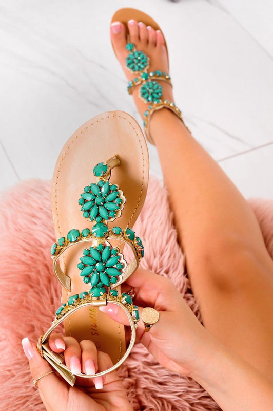 DENISE -  Golden thong sandals with green rhinestones