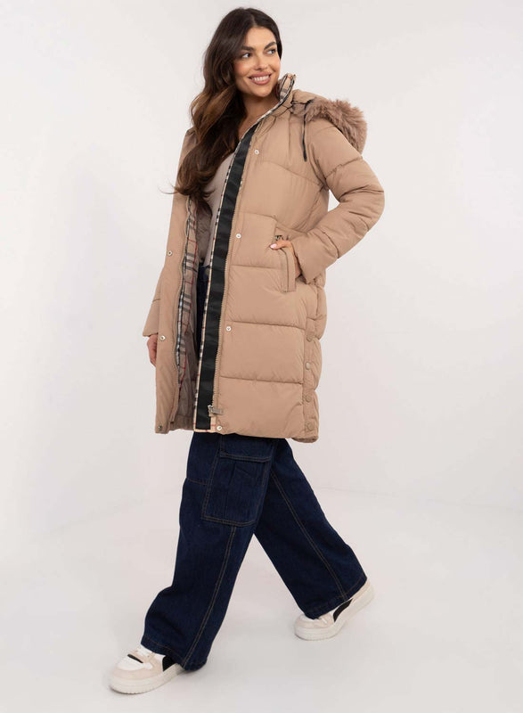 Long mud-colored padded jacket with faux fur hood