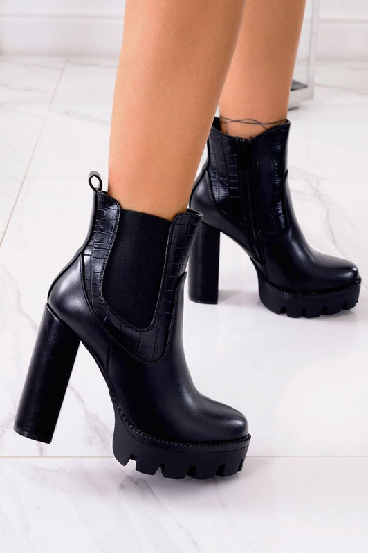 PARKER - Black ankle boots with crocodile prints and high heels