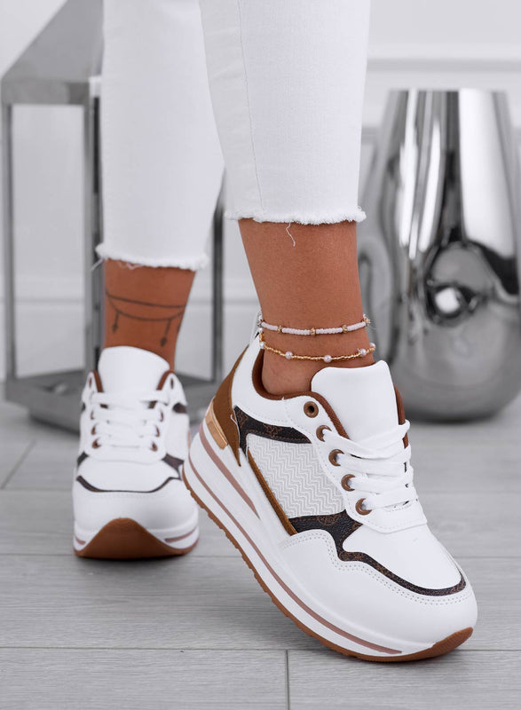 NEVIA - White sneakers with brown patterned inserts