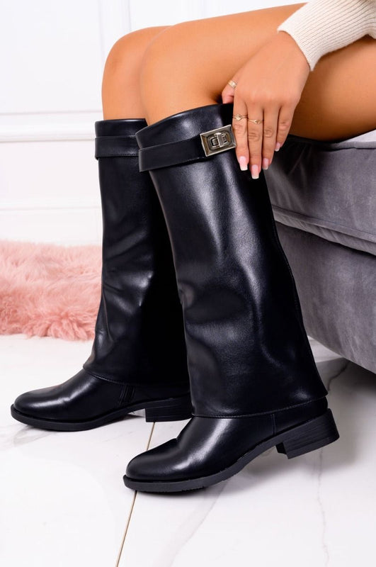 ADELAIDE - Black faux leather boots with flaps