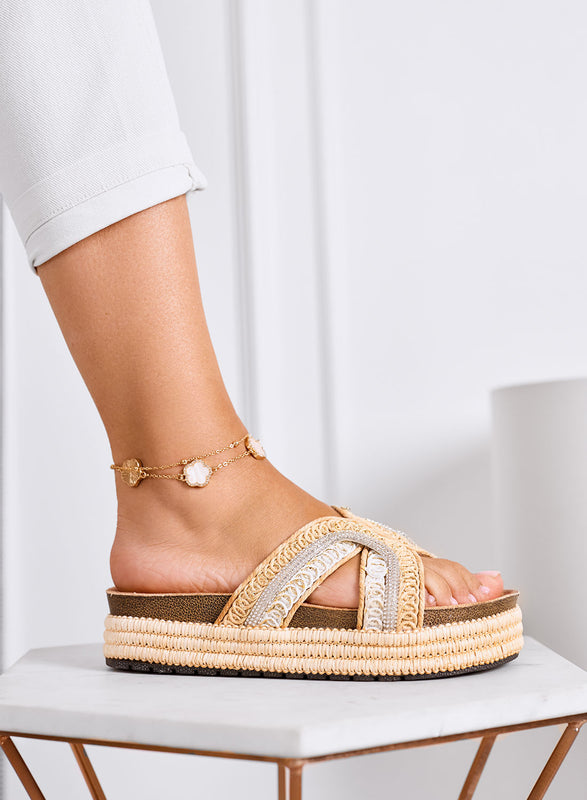 BEATRICE - Sandales mules beiges avec tressage décoratif et strass