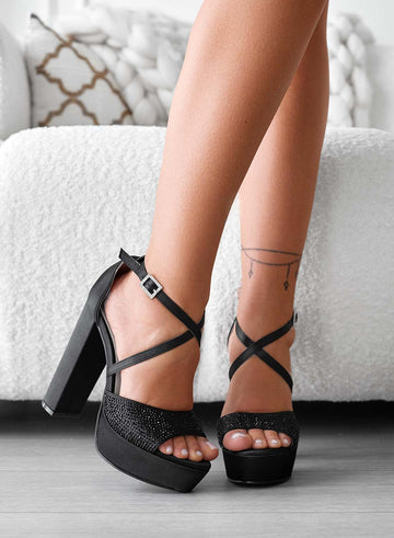 LORNA - Black satin sandals with high heel and rhinestones