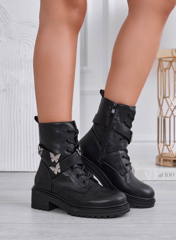IVON - Bottines noires style militaire avec papillons argentés