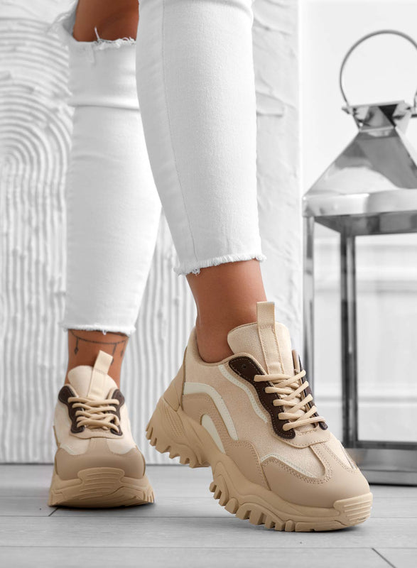 BARBARA - Beige sneakers with thick sole and laces