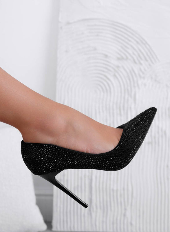 BLANCA - Black jeweled pumps with high stiletto heel