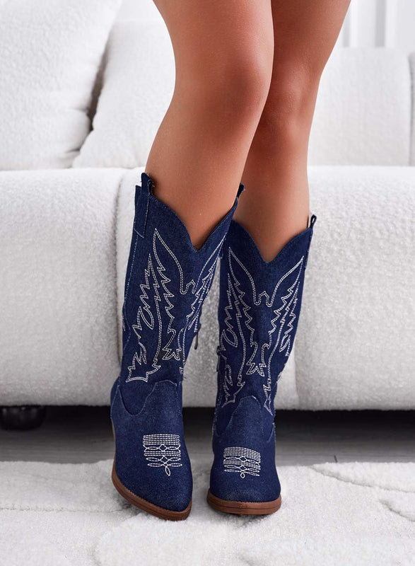 JENNIE - Bottines camperos bleu jean avec broderie