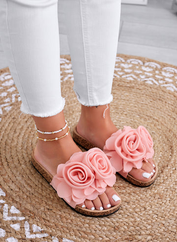 SUMMER - Pink slide sandals with applied flowers