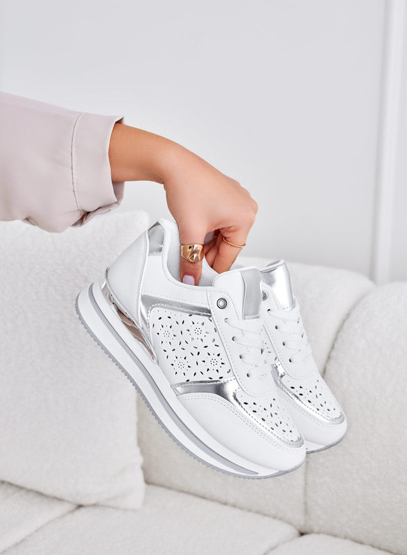 MINA - White perforated sneakers with silver inserts