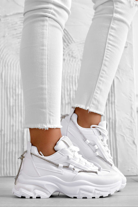 SAMMY - White sneakers with high sole and rhinestones