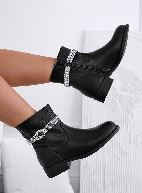 KATE - Black perforated ankle boots with jeweled strap
