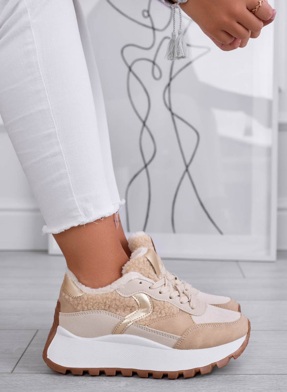 JORAS - Beige sneakers with faux fur inserts