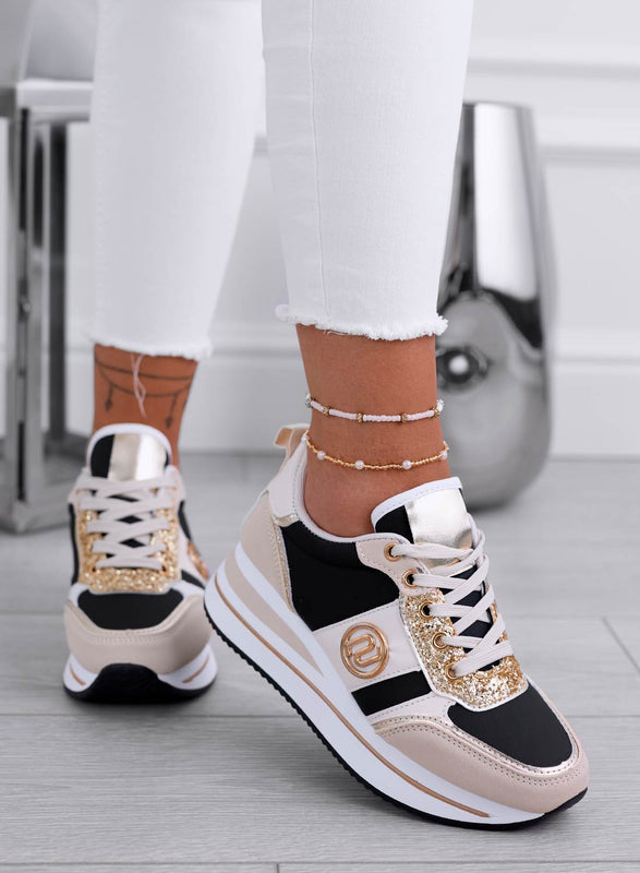 LOPEZ - Beige sneakers with black contrasting panels and gold glitter