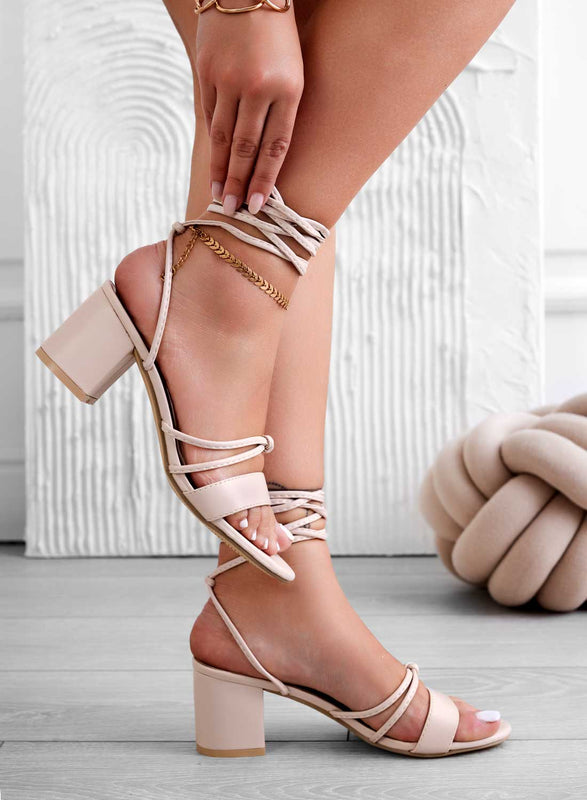 GINEVRA - Beige lace-up sandals with comfortable heel
