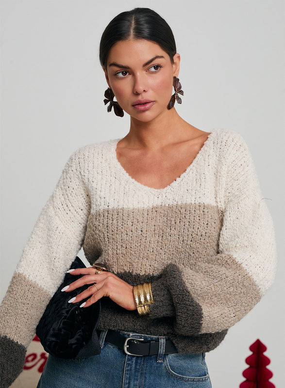 Beige sweater with contrasting panels and V-neck