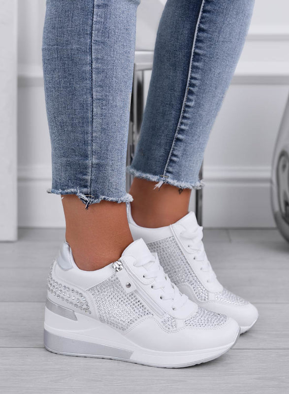 MIRROW - White jewel sneakers with rhinestones and wedge