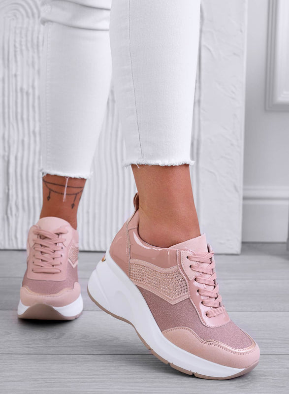 XENIA - Pink sneakers with wedge and rhinestones